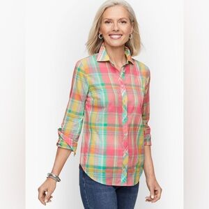 NEW Talbots 100% Cotton Button-Front Shirt – Pastel Easter Plaid – Women’s S